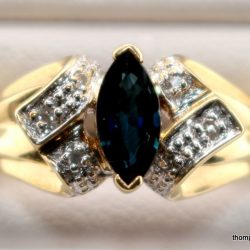 10k yellow and white gold 6 diamond / natural blue sapphire ring
